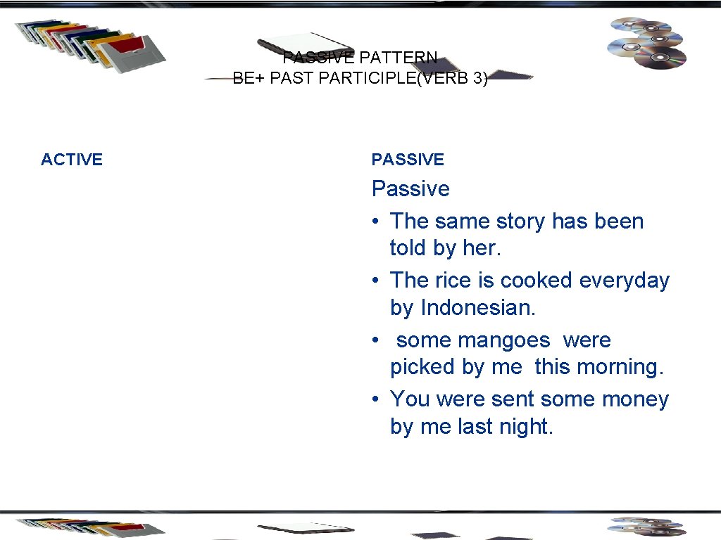 PASSIVE PATTERN BE+ PAST PARTICIPLE(VERB 3) ACTIVE PASSIVE Passive • The same story has