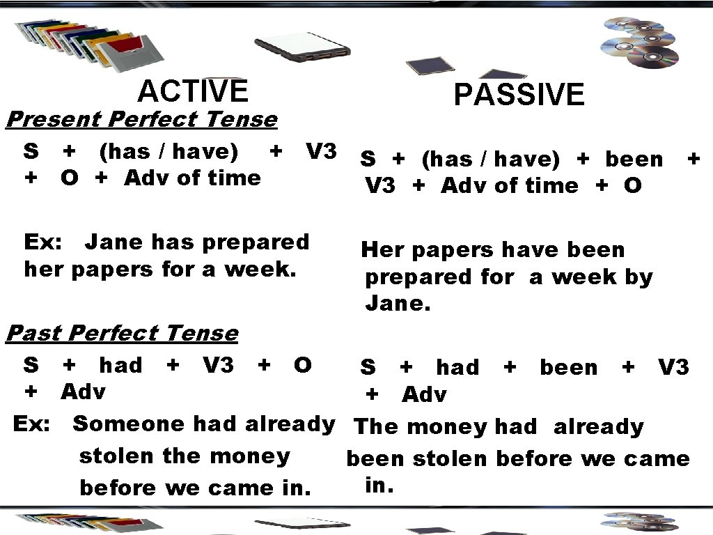 ACTIVE Present Perfect Tense PASSIVE S + (has / have) + V 3 +