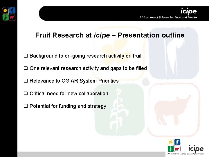 Fruit Research at icipe – Presentation outline q Background to on-going research activity on
