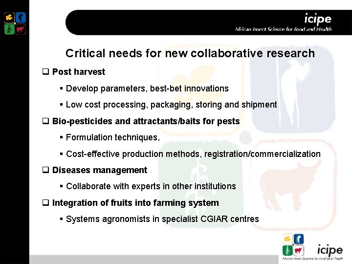 Critical needs for new collaborative research q Post harvest § Develop parameters, best-bet innovations