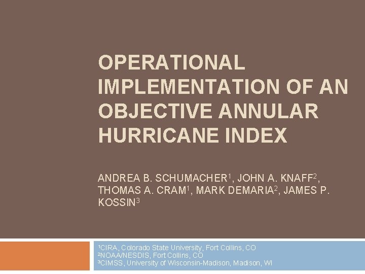 OPERATIONAL IMPLEMENTATION OF AN OBJECTIVE ANNULAR HURRICANE INDEX ANDREA B. SCHUMACHER 1, JOHN A.