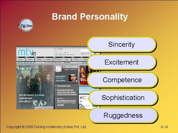 Brand Personality Sincerity Excitement Competence Sophistication Ruggedness Copyright © 2009 Dorling Kindersley (India) Pvt.