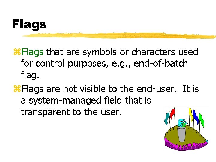 Flags z. Flags that are symbols or characters used for control purposes, e. g.