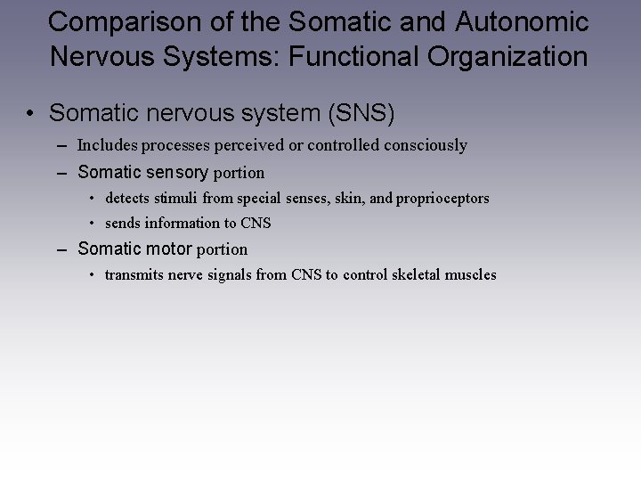 Comparison of the Somatic and Autonomic Nervous Systems: Functional Organization • Somatic nervous system