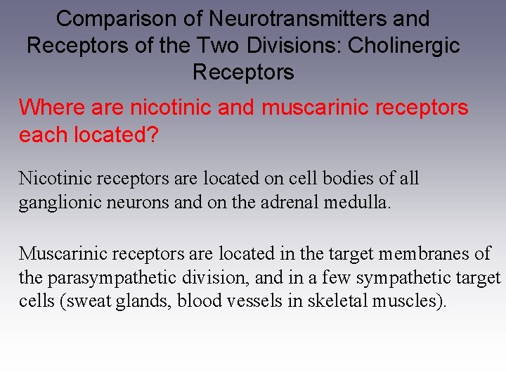 Comparison of Neurotransmitters and Receptors of the Two Divisions: Cholinergic Receptors Where are nicotinic