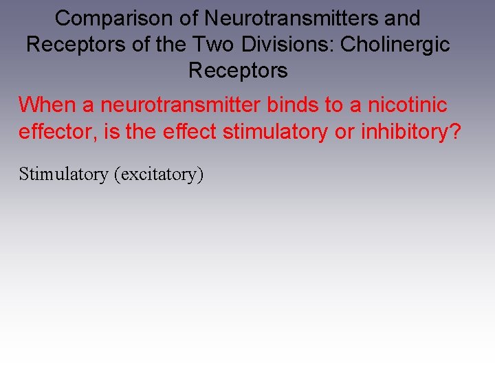 Comparison of Neurotransmitters and Receptors of the Two Divisions: Cholinergic Receptors When a neurotransmitter
