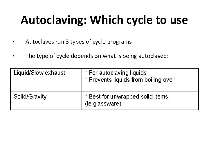 Autoclaving: Which cycle to use • Autoclaves run 3 types of cycle programs •
