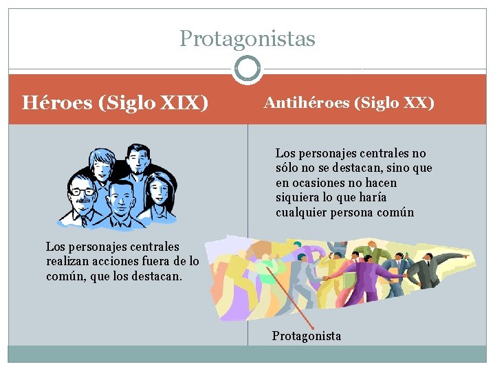 Protagonistas Héroes (Siglo XIX) Antihéroes (Siglo XX) Los personajes centrales no sólo no se