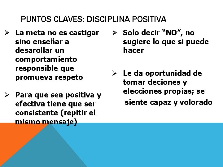 PUNTOS CLAVES: DISCIPLINA POSITIVA Ø La meta no es castigar sino enseñar a desarollar