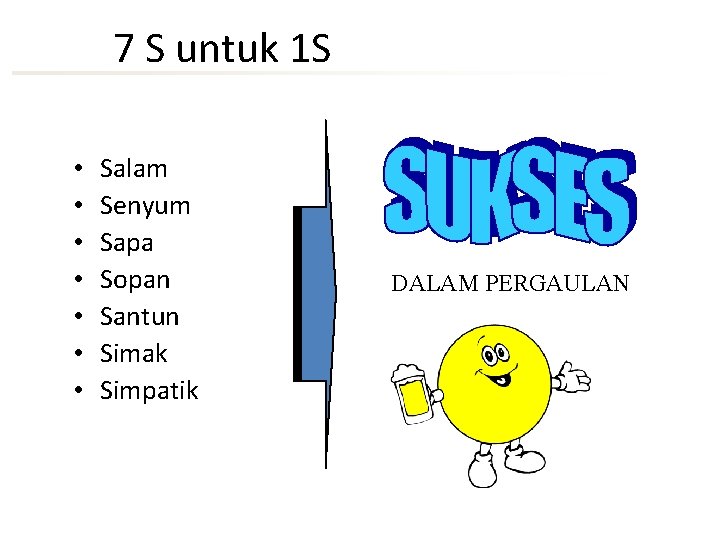 7 S untuk 1 S • • Salam Senyum Sapa Sopan Santun Simak Simpatik