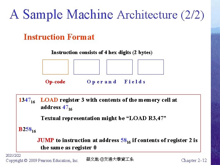 A Sample Machine Architecture (2/2) Instruction Format Instruction consists of 4 hex digits (2