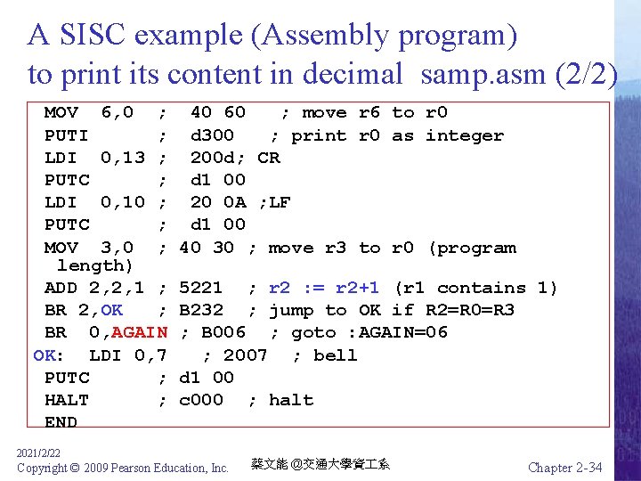 A SISC example (Assembly program) to print its content in decimal samp. asm (2/2)