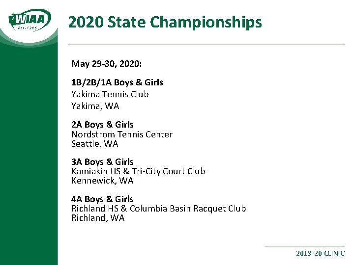 2020 State Championships May 29 -30, 2020: 1 B/2 B/1 A Boys & Girls