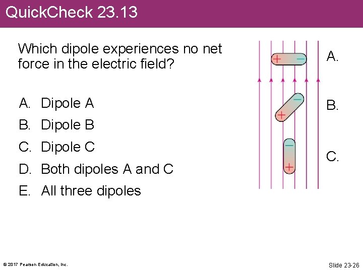 Quick. Check 23. 13 Which dipole experiences no net force in the electric field?