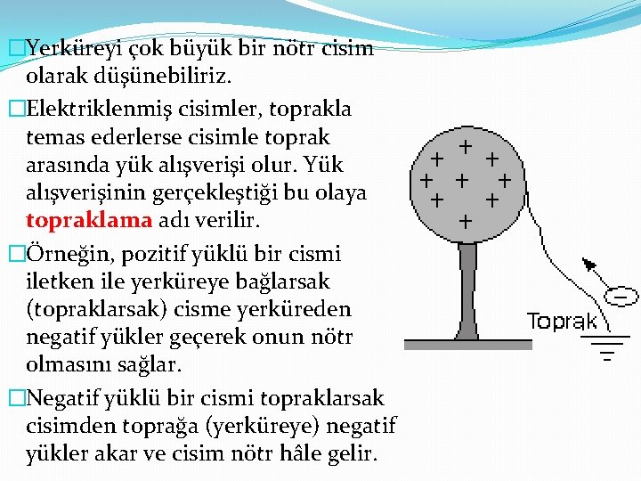 �Yerküreyi çok büyük bir nötr cisim olarak düşünebiliriz. �Elektriklenmiş cisimler, toprakla temas ederlerse cisimle