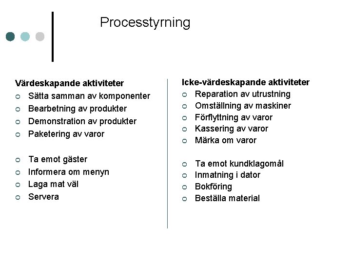 Processtyrning Värdeskapande aktiviteter ¢ Sätta samman av komponenter ¢ Bearbetning av produkter ¢ Demonstration