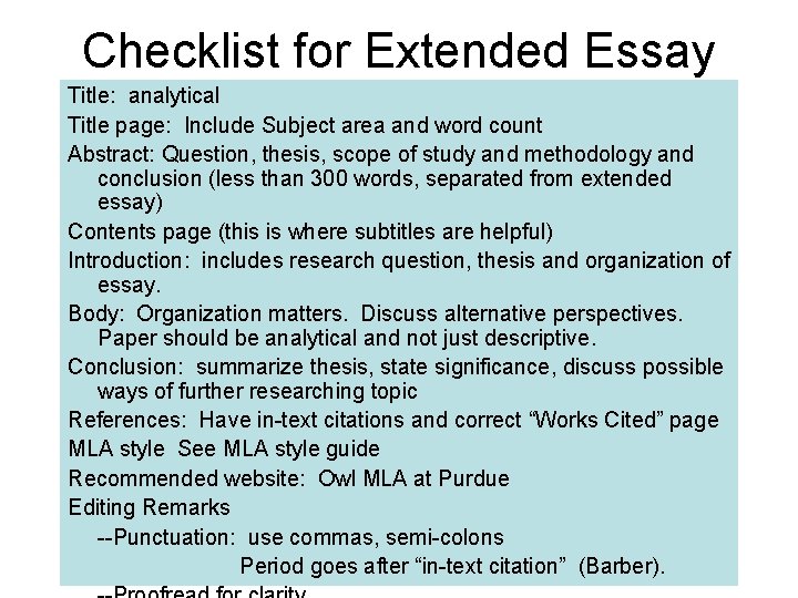 Checklist for Extended Essay Title: analytical Title page: Include Subject area and word count