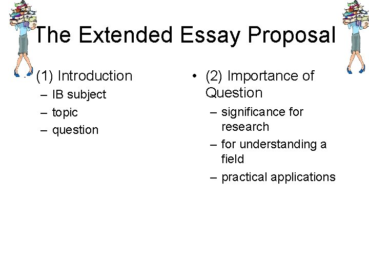 The Extended Essay Proposal • (1) Introduction – IB subject – topic – question