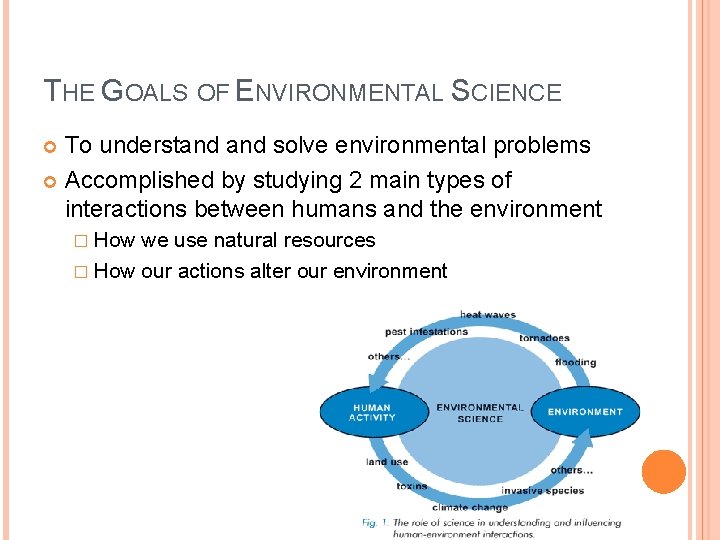 THE GOALS OF ENVIRONMENTAL SCIENCE To understand solve environmental problems Accomplished by studying 2