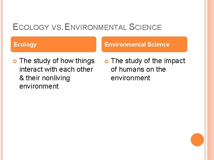 ECOLOGY VS. ENVIRONMENTAL SCIENCE Ecology The study of how things interact with each other