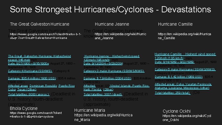 Some Strongest Hurricanes/Cyclones - Devastations Hurricane Jeanne The Great Galveston Hurricane The Great Galveston