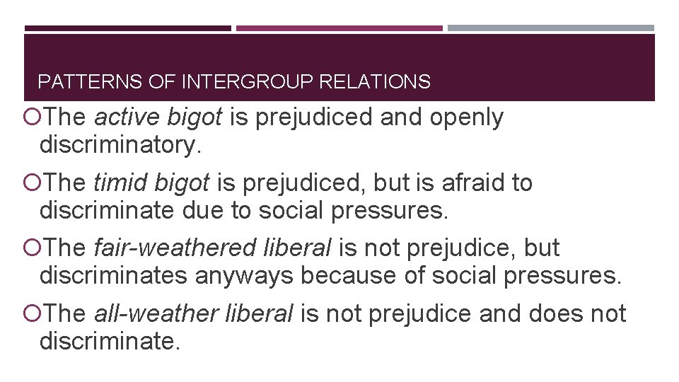 PATTERNS OF INTERGROUP RELATIONS The active bigot is prejudiced and openly discriminatory. The timid
