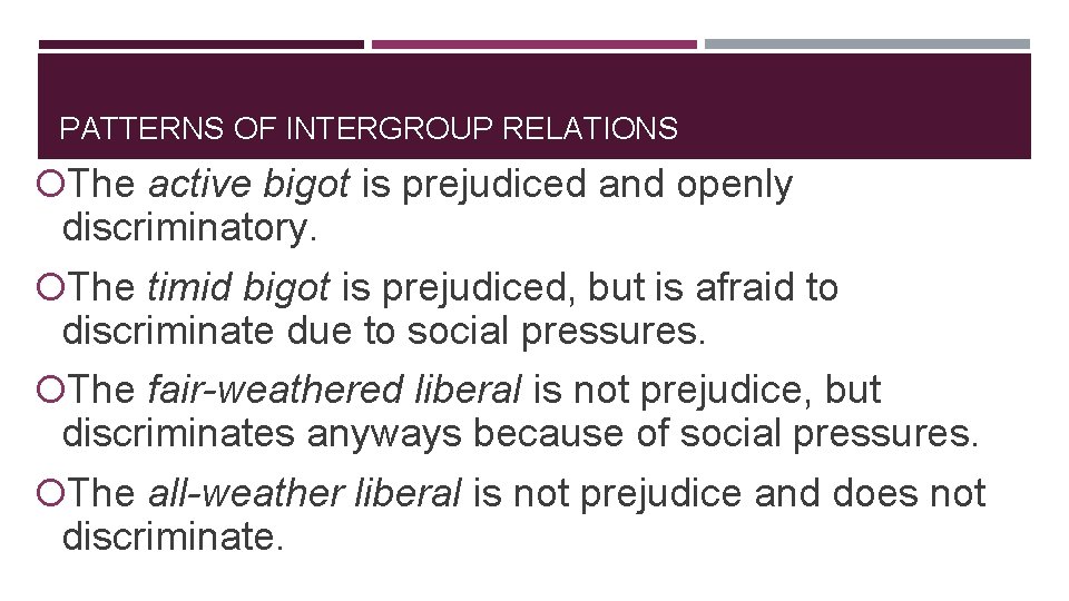 PATTERNS OF INTERGROUP RELATIONS The active bigot is prejudiced and openly discriminatory. The timid