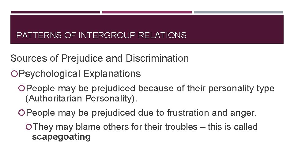 PATTERNS OF INTERGROUP RELATIONS Sources of Prejudice and Discrimination Psychological Explanations People may be