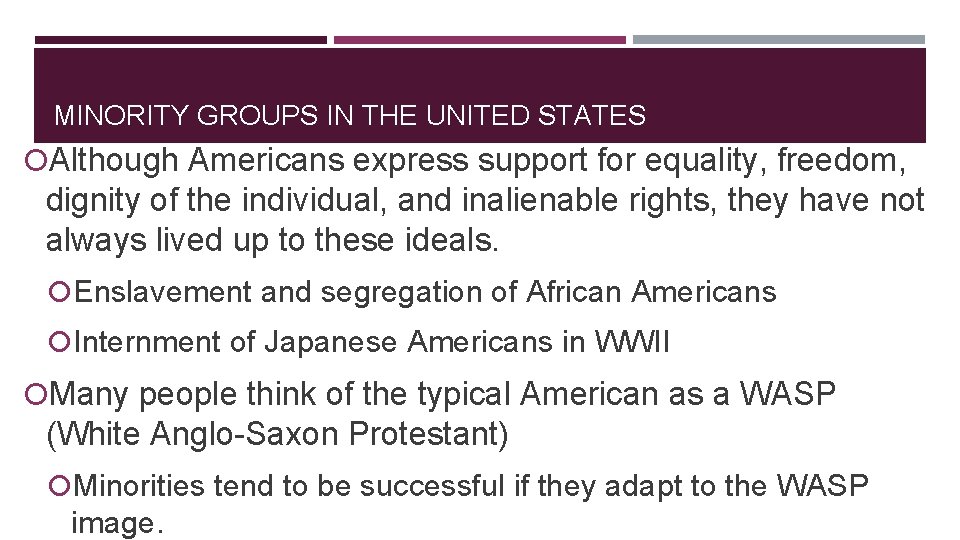 MINORITY GROUPS IN THE UNITED STATES Although Americans express support for equality, freedom, dignity