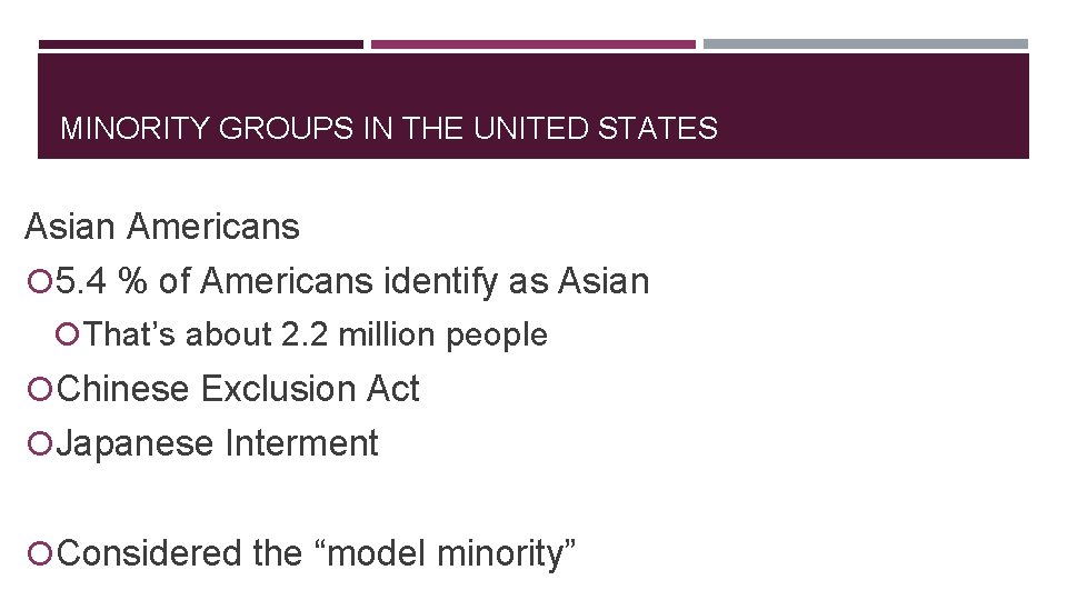 MINORITY GROUPS IN THE UNITED STATES Asian Americans 5. 4 % of Americans identify