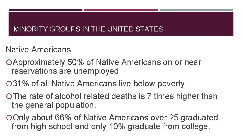 MINORITY GROUPS IN THE UNITED STATES Native Americans Approximately 50% of Native Americans on