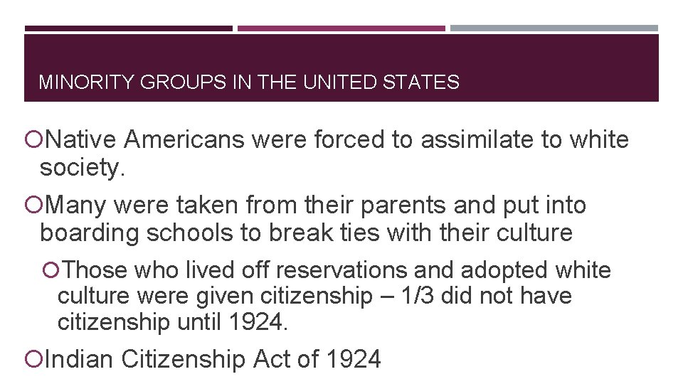 MINORITY GROUPS IN THE UNITED STATES Native Americans were forced to assimilate to white