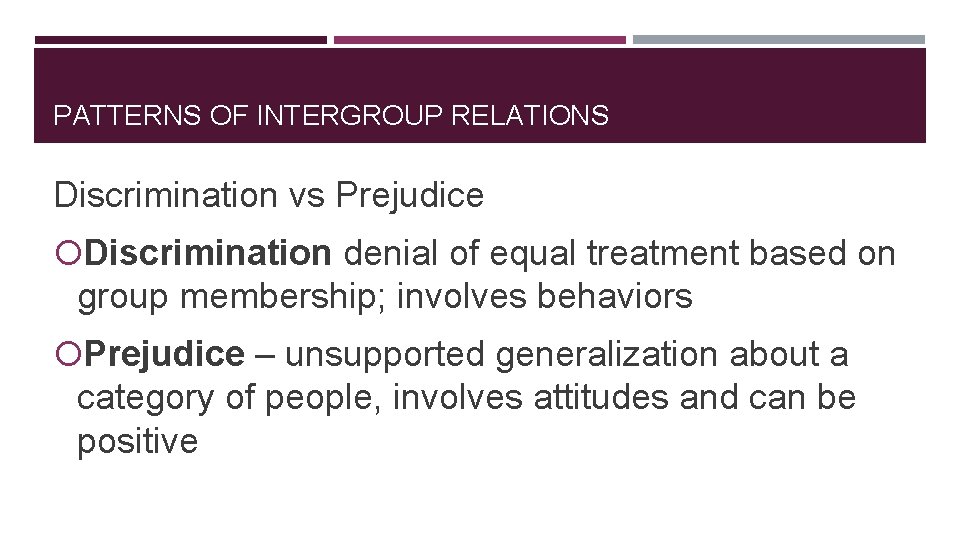 PATTERNS OF INTERGROUP RELATIONS Discrimination vs Prejudice Discrimination denial of equal treatment based on