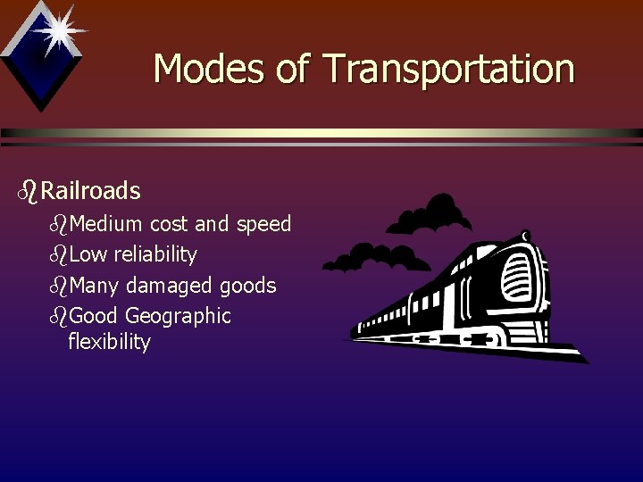 Modes of Transportation b. Railroads b. Medium cost and speed b. Low reliability b.