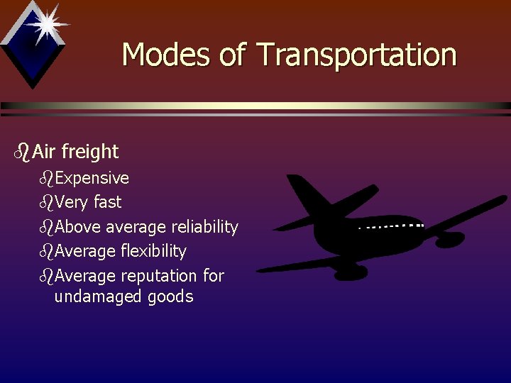 Modes of Transportation b. Air freight b. Expensive b. Very fast b. Above average