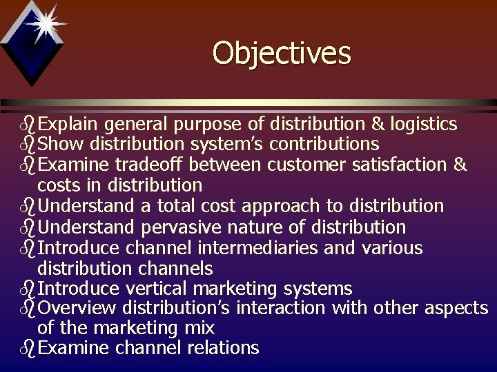 Objectives b. Explain general purpose of distribution & logistics b. Show distribution system’s contributions