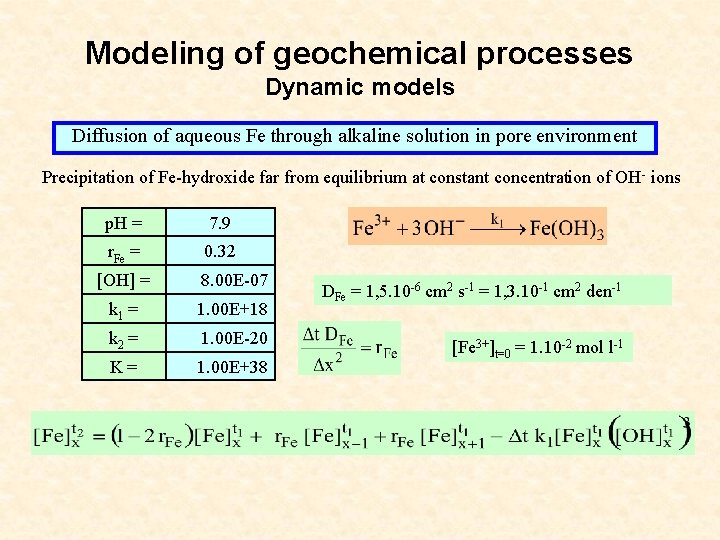 Modeling of geochemical processes Dynamic models Diffusion of aqueous Fe through alkaline solution in