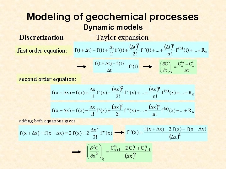 Modeling of geochemical processes Dynamic models Discretization Taylor expansion first order equation: second order