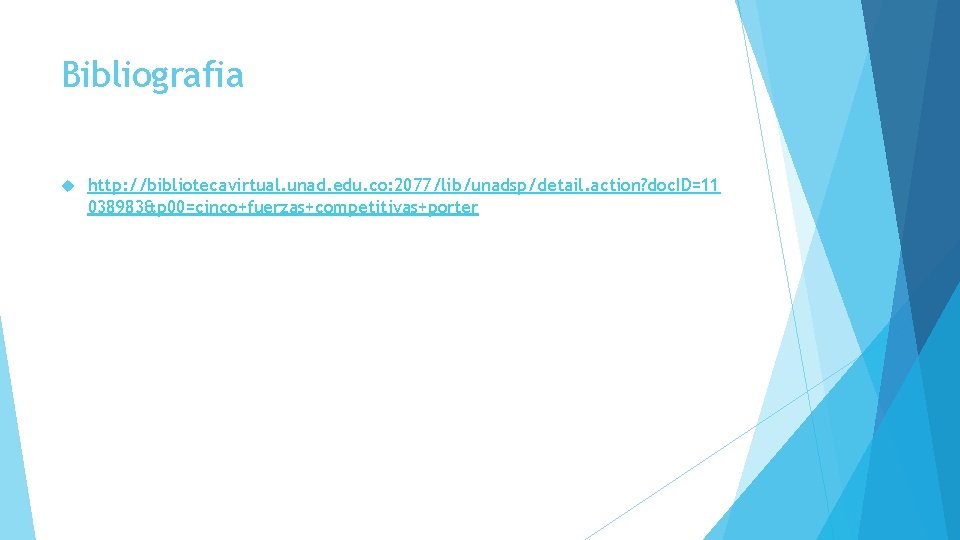 Bibliografia http: //bibliotecavirtual. unad. edu. co: 2077/lib/unadsp/detail. action? doc. ID=11 038983&p 00=cinco+fuerzas+competitivas+porter 