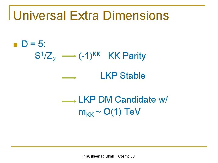 Universal Extra Dimensions n D = 5: S 1/Z 2 (-1)KK KK Parity LKP
