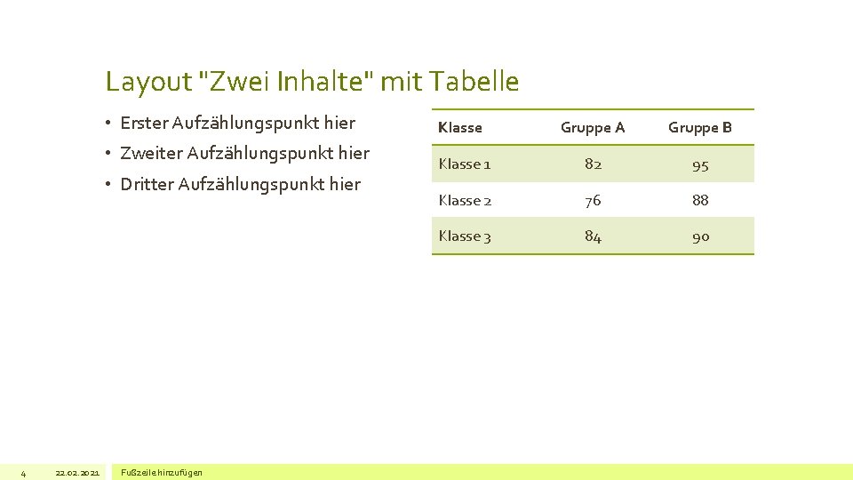 Layout "Zwei Inhalte" mit Tabelle • Erster Aufzählungspunkt hier • Zweiter Aufzählungspunkt hier •