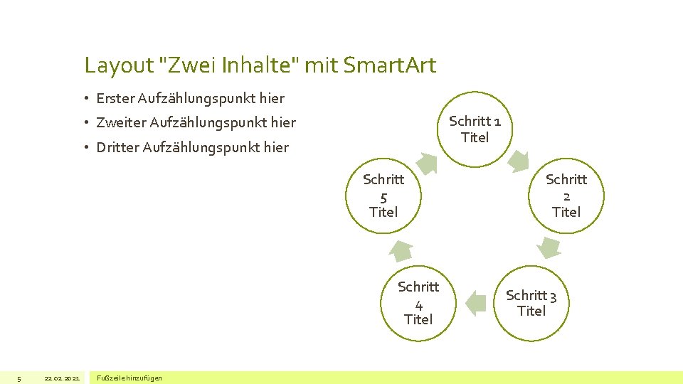 Layout "Zwei Inhalte" mit Smart. Art • Erster Aufzählungspunkt hier Schritt 1 Titel •