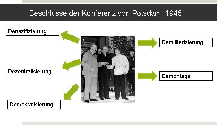 Beschlüsse der Konferenz von Potsdam 1945 Denazifizierung Demilitarisierung Dezentralisierung Demokratisierung Demontage 