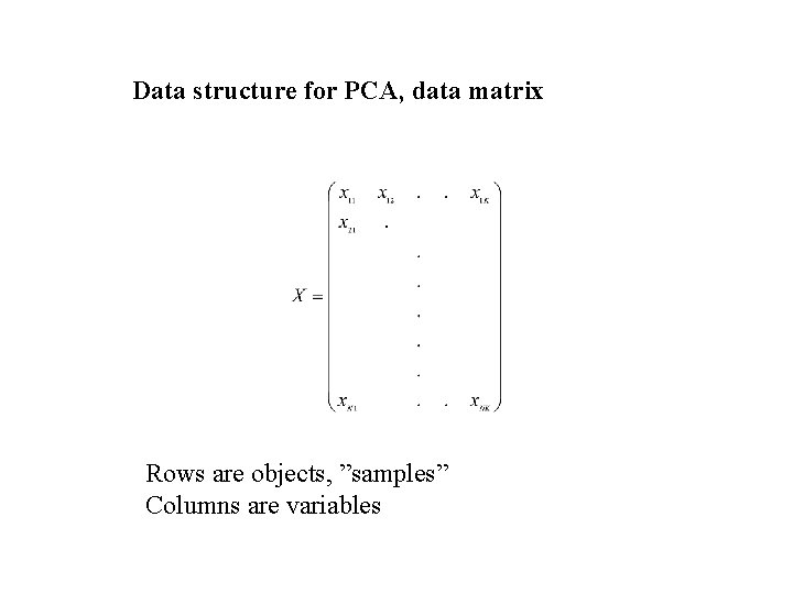 Data structure for PCA, data matrix Rows are objects, ”samples” Columns are variables 