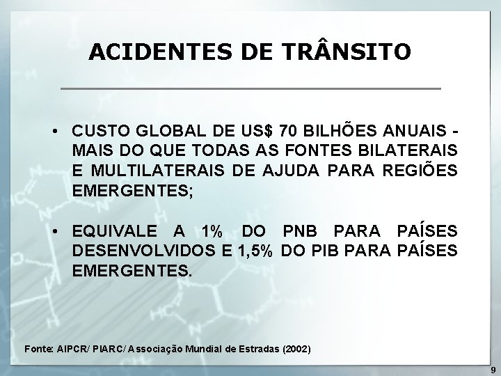 ACIDENTES DE TR NSITO • CUSTO GLOBAL DE US$ 70 BILHÕES ANUAIS MAIS DO