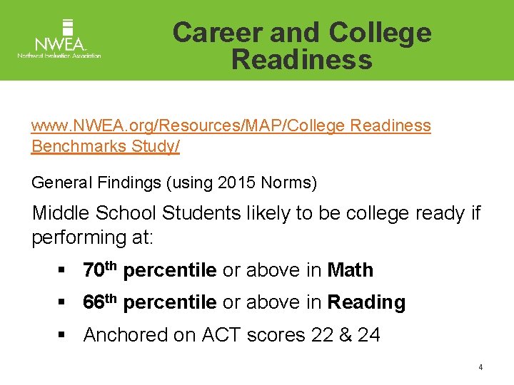 Career and College Readiness www. NWEA. org/Resources/MAP/College Readiness Benchmarks Study/ General Findings (using 2015
