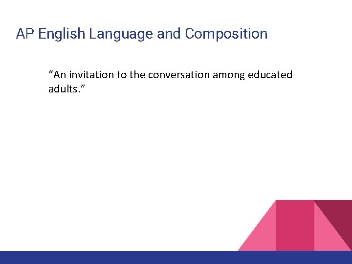 AP English Language and Composition “An invitation to the conversation among educated adults. ”