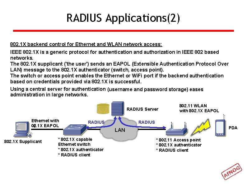 RADIUS Applications(2) 802. 1 X backend control for Ethernet and WLAN network access: IEEE