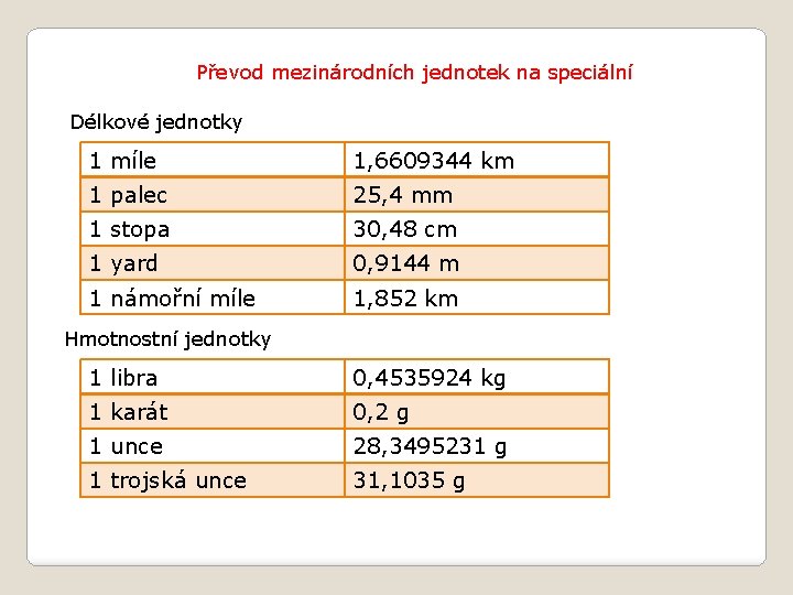 Převod mezinárodních jednotek na speciální Délkové jednotky 1 míle 1, 6609344 km 1 palec