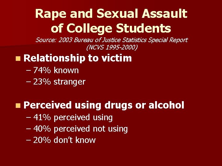 Rape and Sexual Assault of College Students Source: 2003 Bureau of Justice Statistics Special